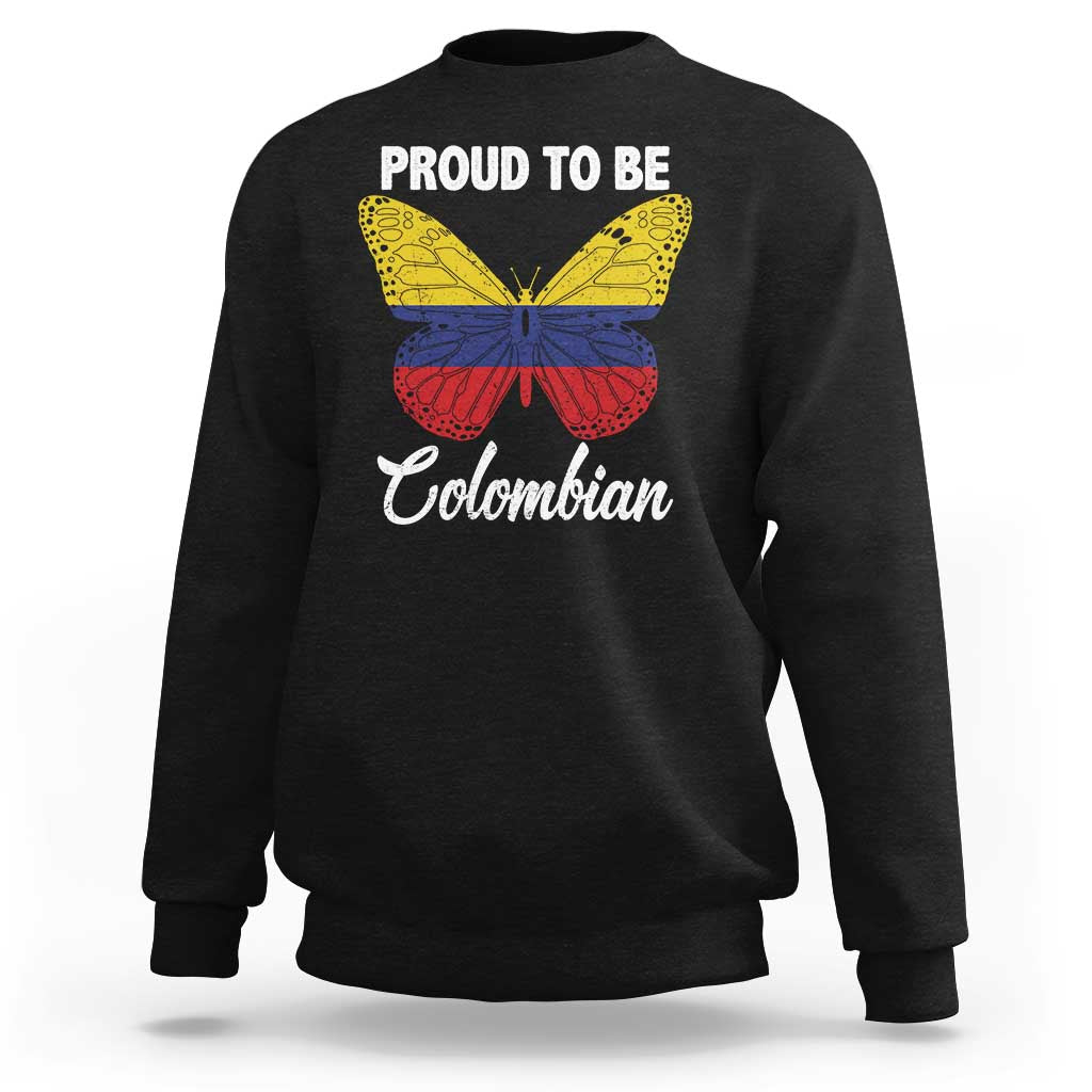 Colombian pride sweatshirt, black with butterfly "PROUD TO BE" and "Colombian" print