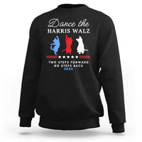Black crewneck sweatshirt with front slogan graphic and red-blue silhouettes