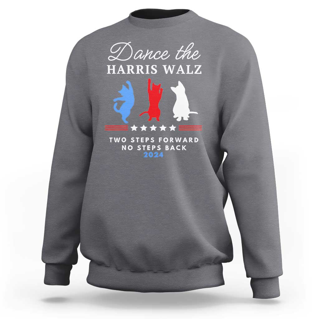 Charcoal gray crewneck sweatshirt with front slogan graphic and red-blue silhouettes