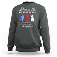 Dark heather gray crewneck sweatshirt with front slogan graphic and red-blue silhouettes
