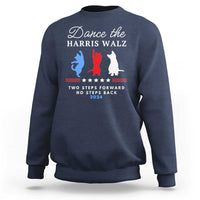 Navy crewneck sweatshirt with front slogan graphic and red-blue silhouettes