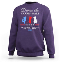 Purple crewneck sweatshirt with front slogan graphic and red-blue silhouettes