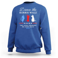 Royal blue crewneck sweatshirt with front slogan graphic and red-blue silhouettes