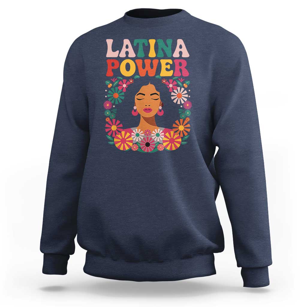 Navy crewneck sweatshirt with "Latina Power" floral portrait graphic on front