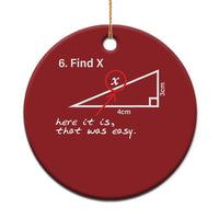 Red round Christmas ornament with '6. Find X' math diagram, hanging on gold string.