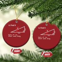Red round Christmas ornaments with '6. Find X' diagrams, hanging from pine branches.