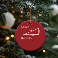 Red round Christmas ornament with '6. Find X' math diagram, hanging on gold string.