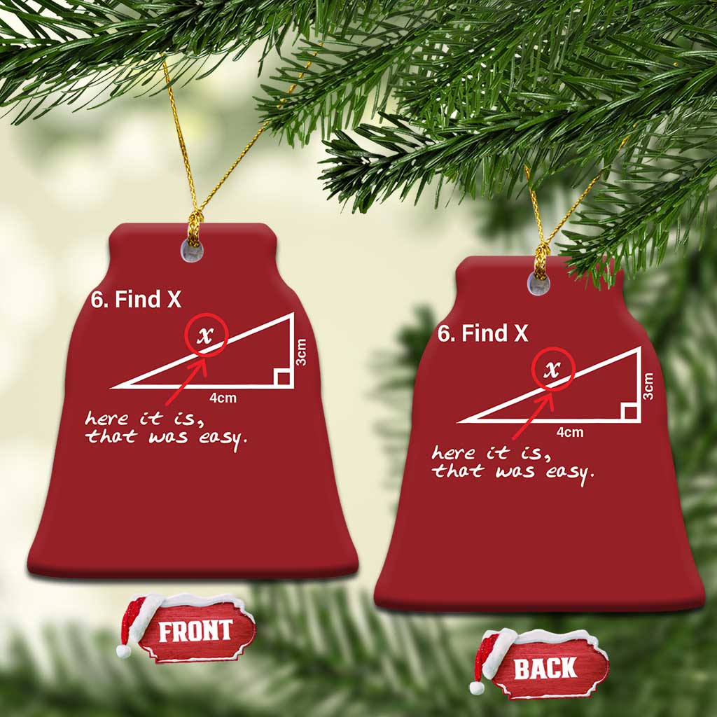 Red bell-shaped Christmas ornament with '6. Find X' math diagram, hanging on gold string.
