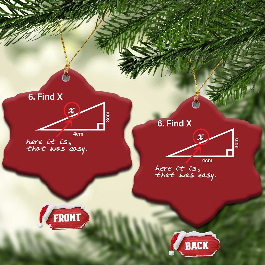 Red snowflake-shaped Christmas ornament with '6. Find X' math diagram, hanging on gold string.