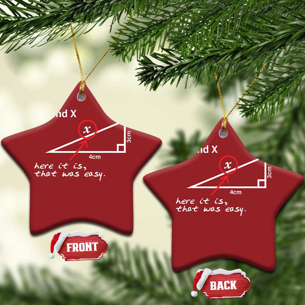 Red star-shaped Christmas ornament with '6. Find X' math diagram, hanging on gold string.