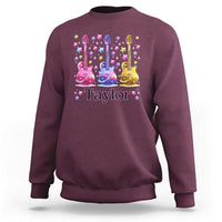 Maroon crewneck sweatshirt with Taylor name and colorful retro guitar graphic