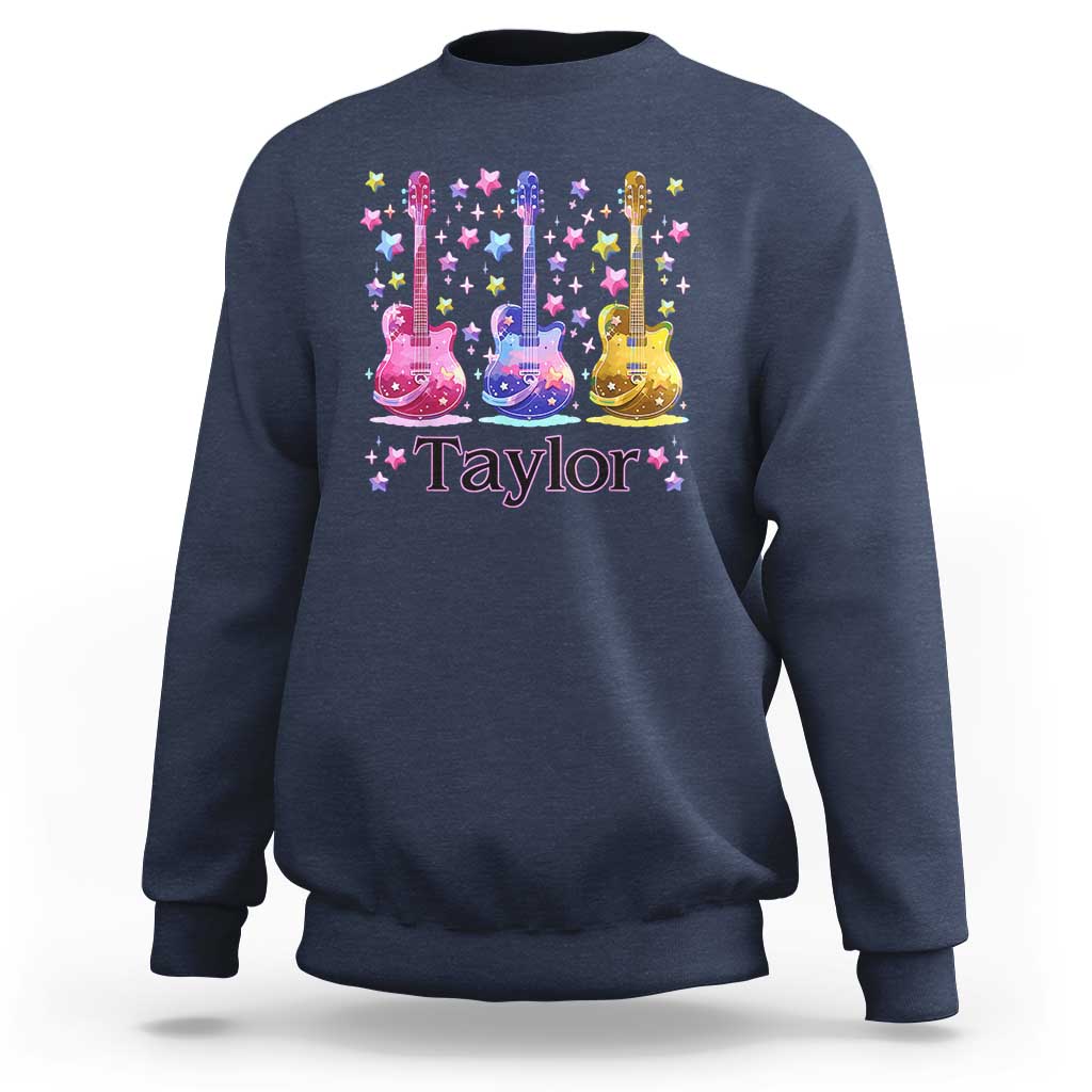 Navy crewneck sweatshirt with Taylor name and colorful retro guitar graphic