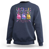 Navy crewneck sweatshirt with Taylor name and colorful retro guitar graphic