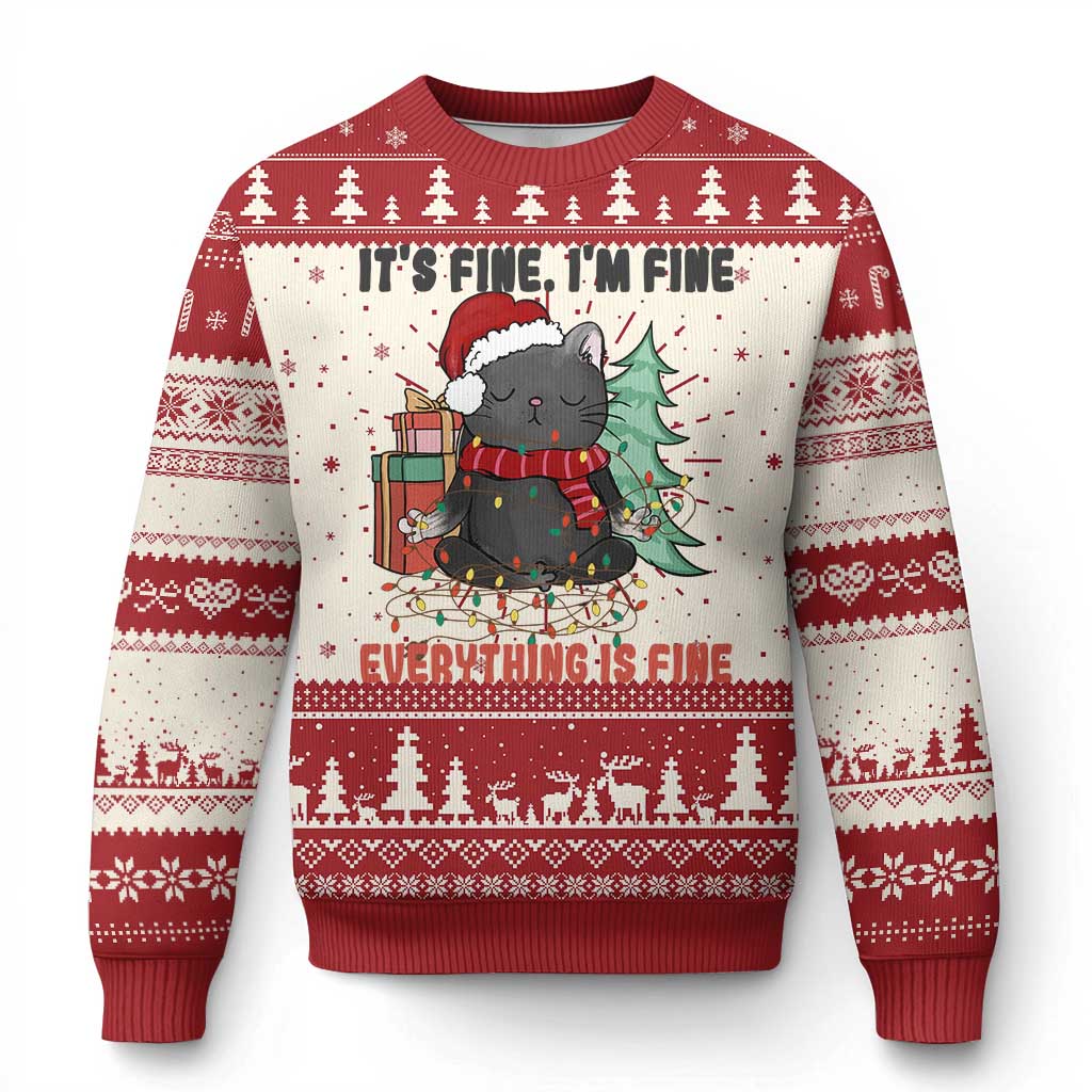 Red Christmas ugly sweater with cat holding gift, holiday tree and fair isle pattern
