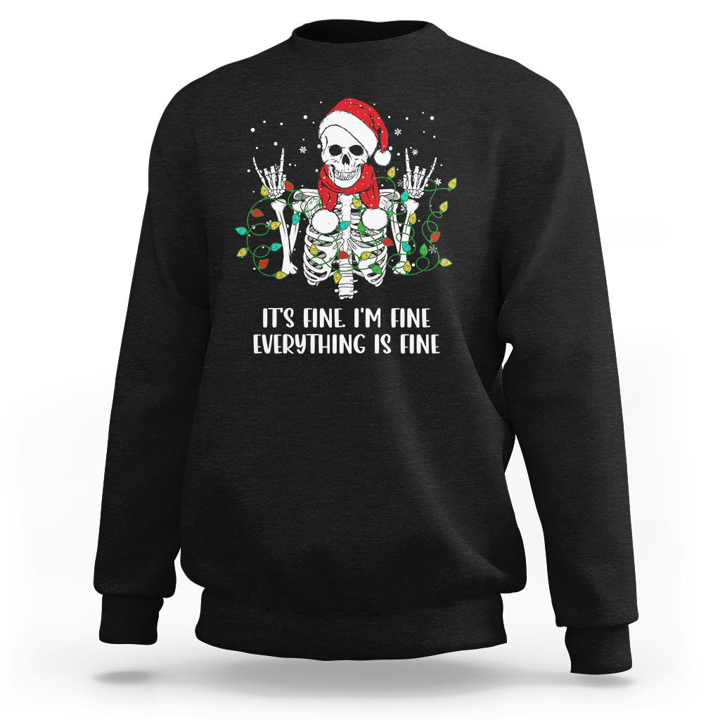 Black Christmas skeleton sweatshirt with Santa hat graphic and “It’s fine, everything is fine” text