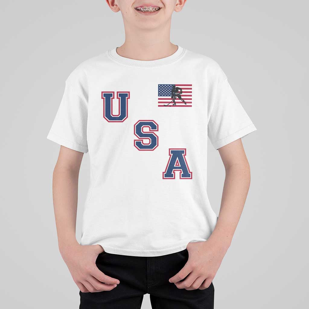 USA Flag Hockey T Shirt For Kid Patriotic Ice Hockey Team Fan Vintage Throwback