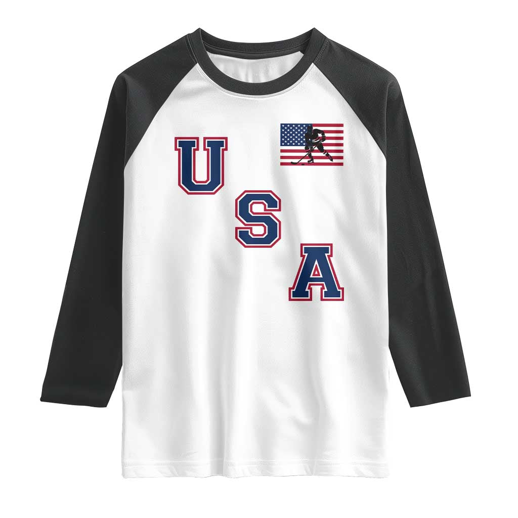 USA Flag Hockey Raglan Shirt Patriotic Ice Hockey Team Fan Vintage Throwback