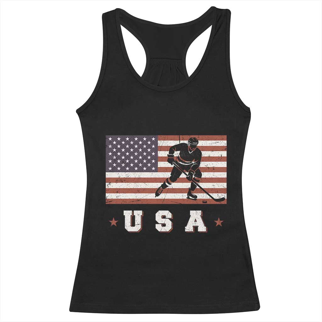 USA Flag Hockey Racerback Tank Top Patriotic Ice Hockey Player Retro Vintage