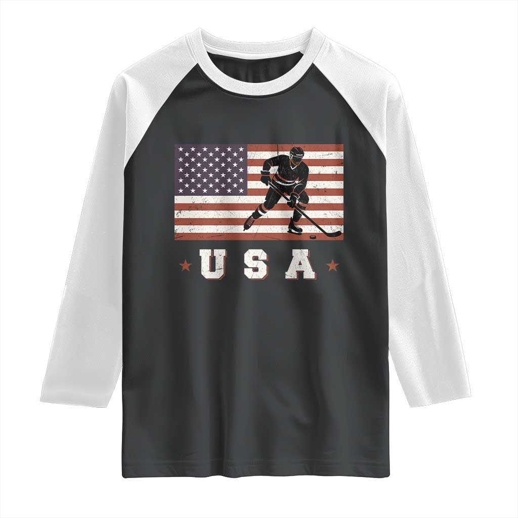 USA Flag Hockey Raglan Shirt Patriotic Ice Hockey Player Retro Vintage