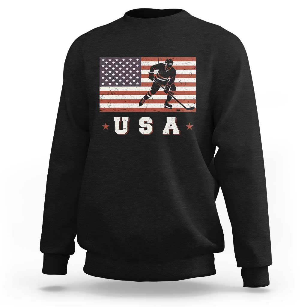 USA Flag Hockey Sweatshirt Patriotic Ice Hockey Player Retro Vintage