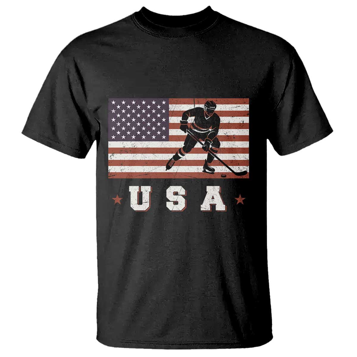 USA Flag Hockey T Shirt Patriotic Ice Hockey Player Retro Vintage