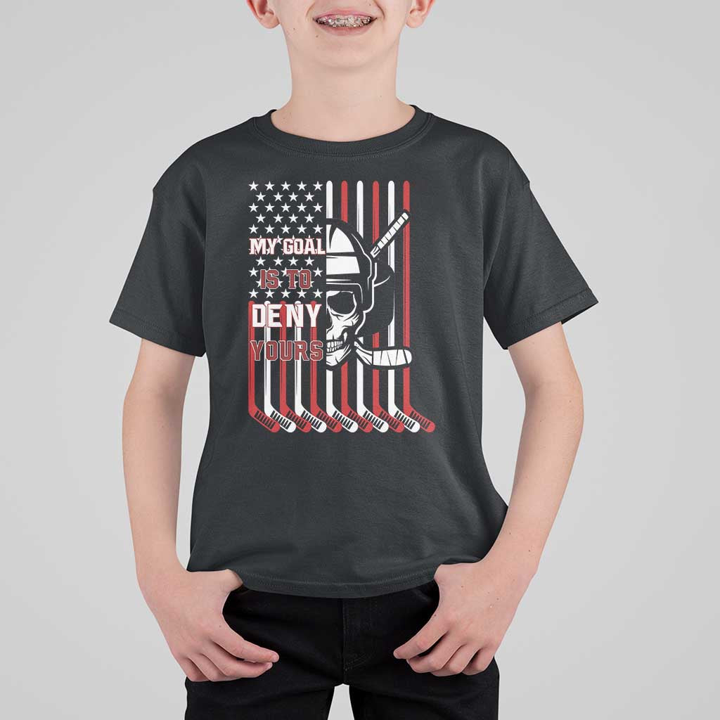 USA Flag Hockey T Shirt For Kid Skull Player My Goal Is To Deny Yours