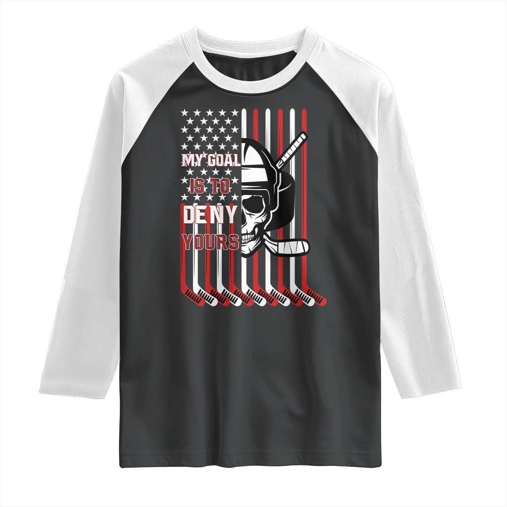 USA Flag Hockey Raglan Shirt Skull Player My Goal Is To Deny Yours