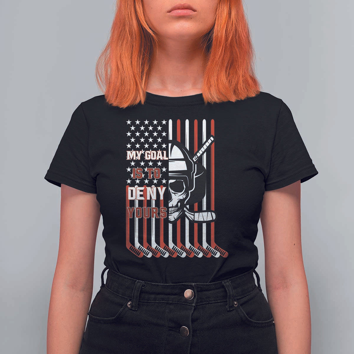 USA Flag Hockey T Shirt For Women Skull Player My Goal Is To Deny Yours