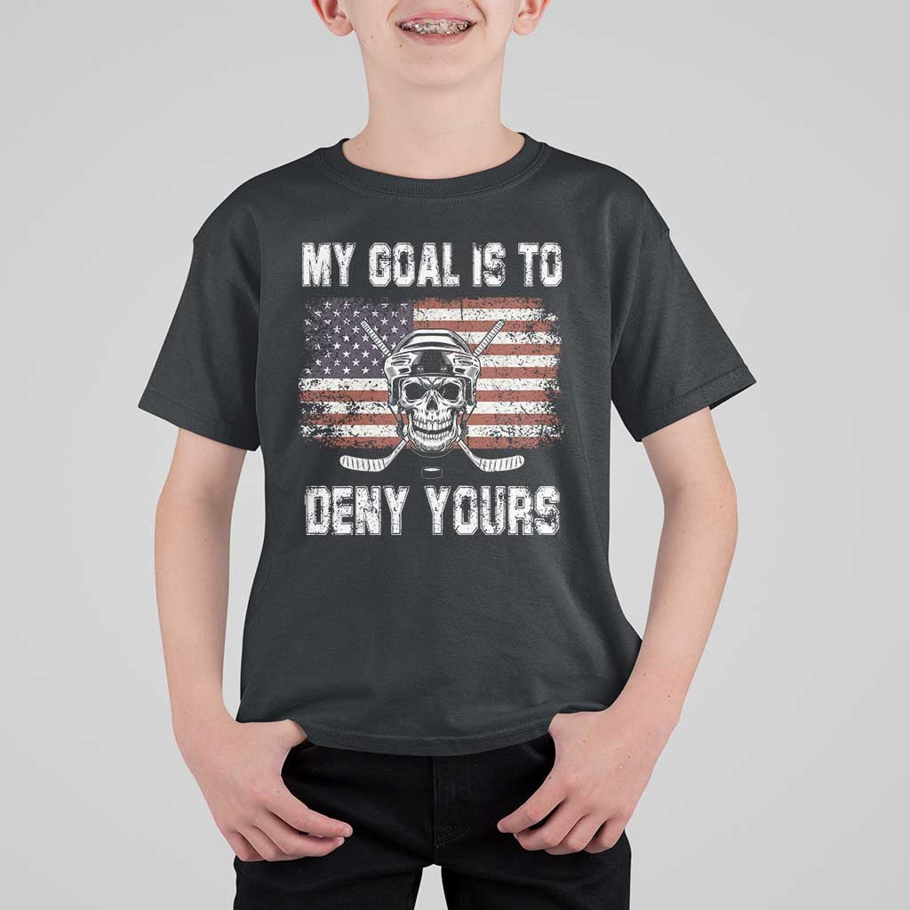 USA Flag Hockey Skull T Shirt For Kid My Goal Is To Deny Yours