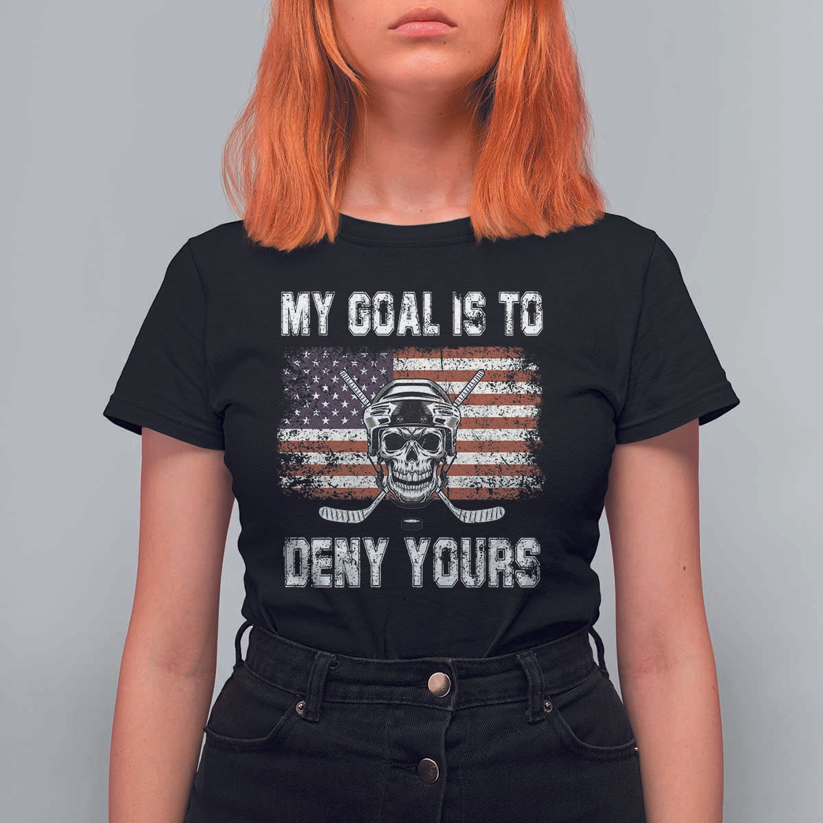 USA Flag Hockey Skull T Shirt For Women My Goal Is To Deny Yours