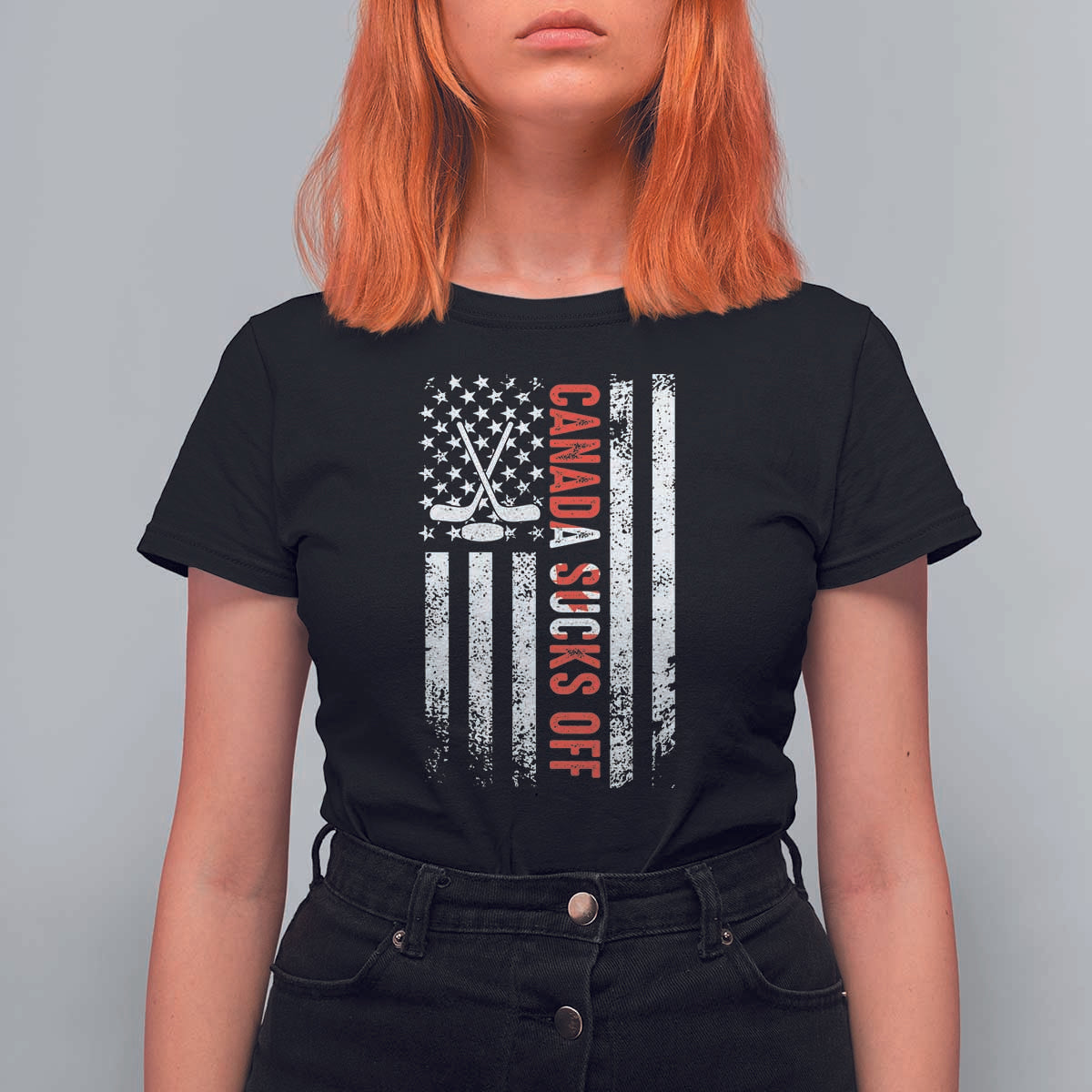 USA Flag Hockey T Shirt For Women Funny Canada Sucks US EH American Flag