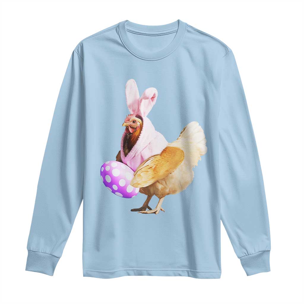 Light blue long-sleeve shirt with bunny-chicken holding purple polka-dot egg graphic