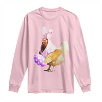 Light pink long-sleeve shirt with bunny-chicken holding purple polka-dot egg graphic