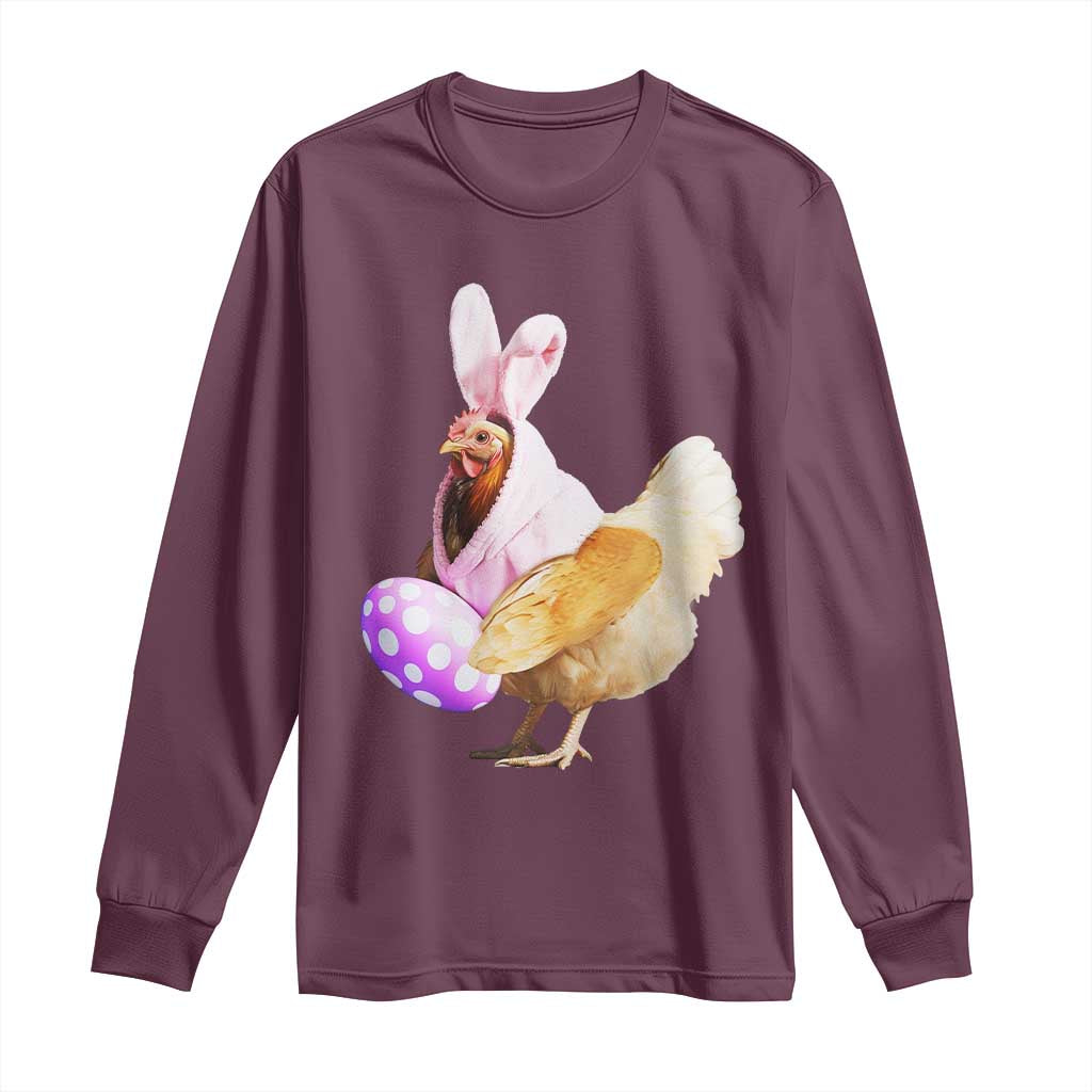 Maroon long-sleeve shirt with bunny-chicken holding purple polka-dot egg graphic