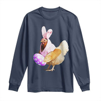 Navy long-sleeve shirt with bunny-chicken holding purple polka-dot egg graphic