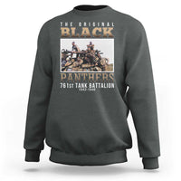 Dark heather gray crewneck sweatshirt with vintage tank 'Panthers' graphic on front.