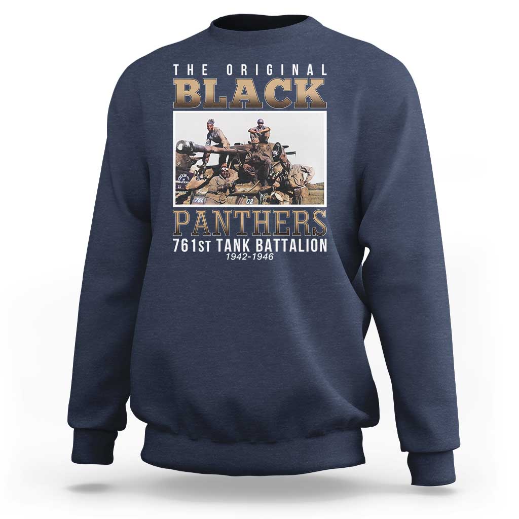 Navy crewneck sweatshirt with vintage tank 'Panthers' graphic on front.