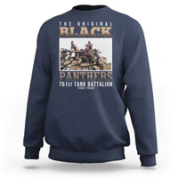 Navy crewneck sweatshirt with vintage tank 'Panthers' graphic on front.
