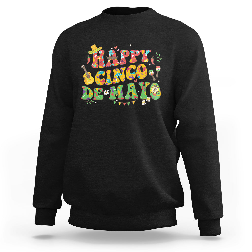 Black sweatshirt with colorful “Happy Cinco de Mayo” graphic and guitar design