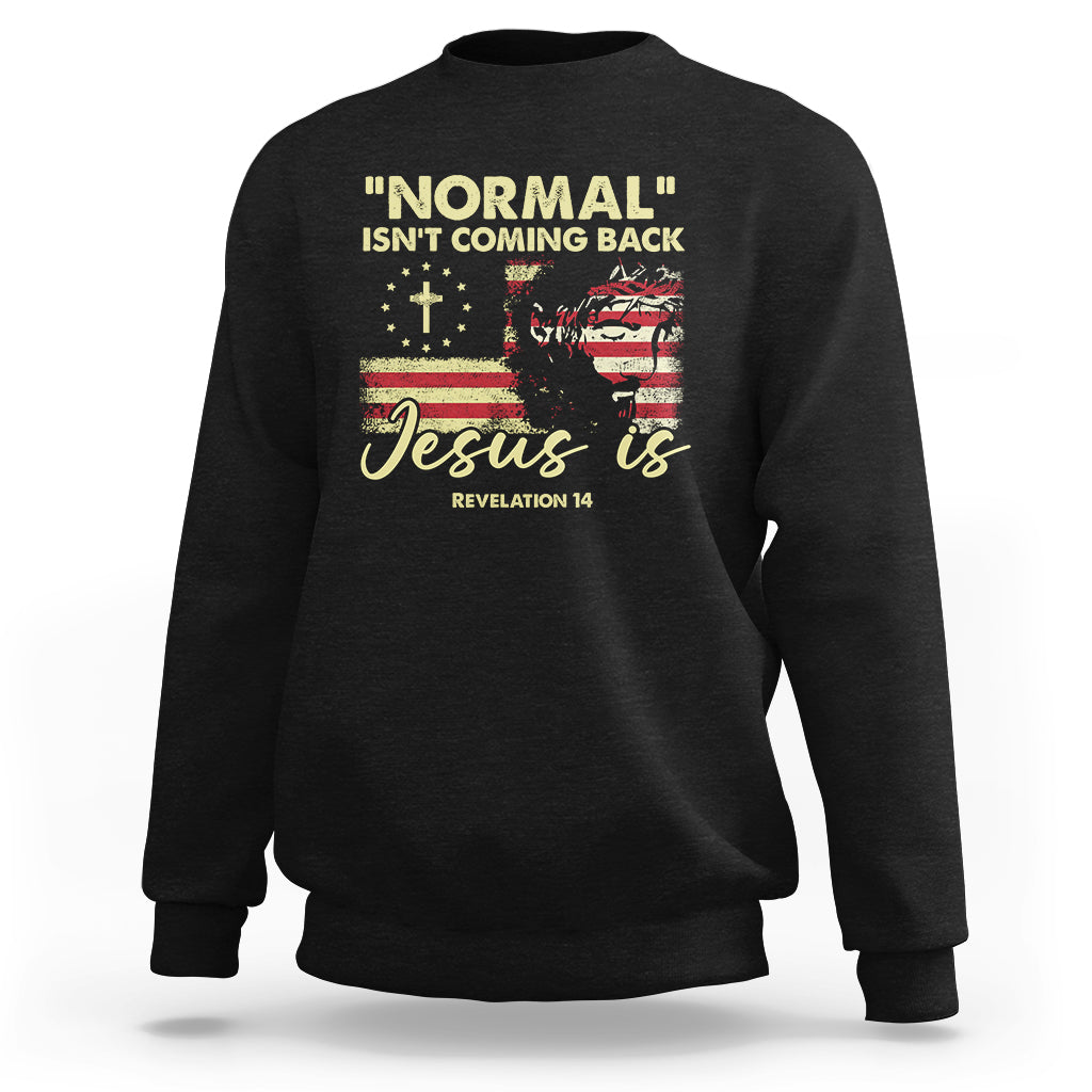 Black crewneck sweatshirt with front religious quote graphic: "Jesus is"