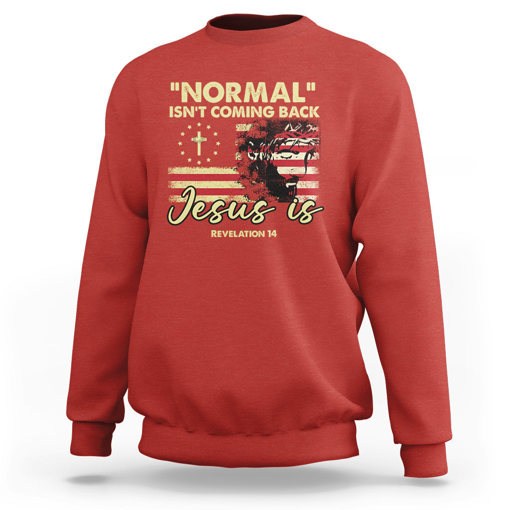 Red crewneck sweatshirt with front religious quote graphic: "Jesus is"