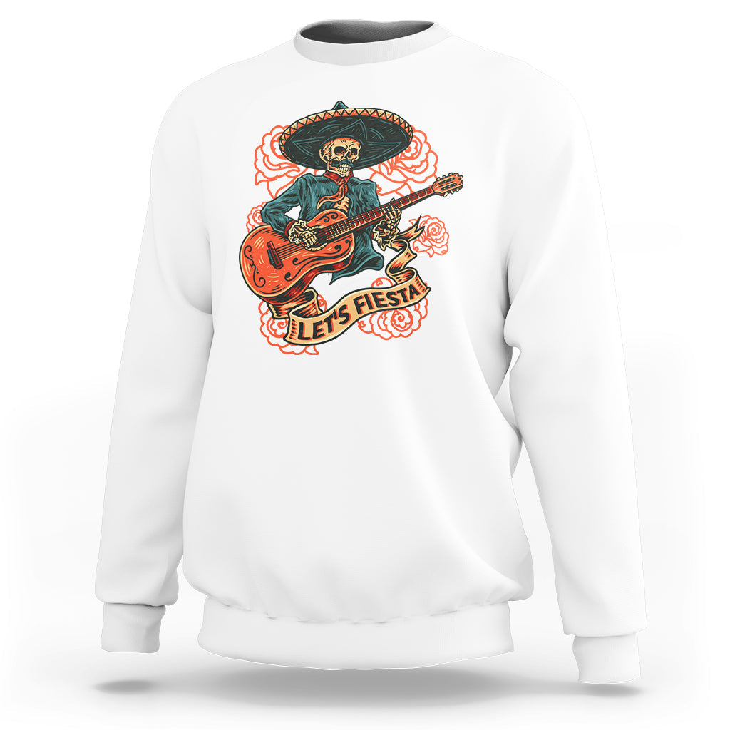 White crewneck sweatshirt with skeleton guitarist fiesta graphic on front.