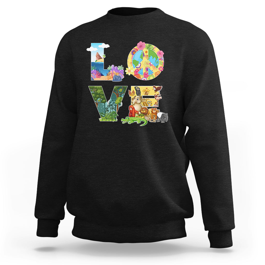 Black crewneck sweatshirt with colorful Earth-themed graphic on front.
