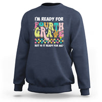 Navy sweatshirt with colorful “I’m Ready for Fourth Grade” front graphic and text