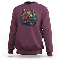 Maroon crewneck biker sweatshirt with Santa riding a motorcycle graphic on chest