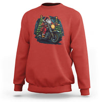 Red crewneck biker sweatshirt with Santa riding a motorcycle graphic on chest