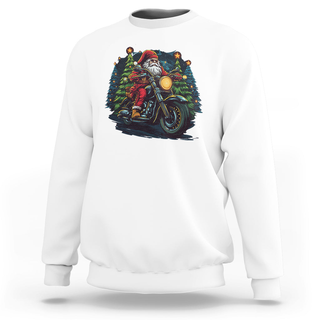White crewneck biker sweatshirt with Santa riding a motorcycle graphic on chest