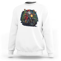 White crewneck biker sweatshirt with Santa riding a motorcycle graphic on chest