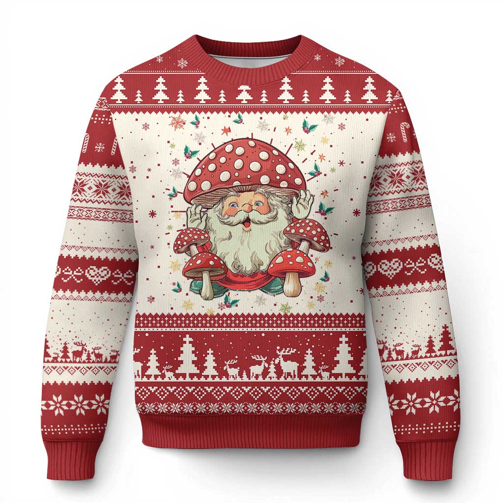 Red crewneck ugly Christmas sweater with Santa mushroom face, trees and snowflake knit