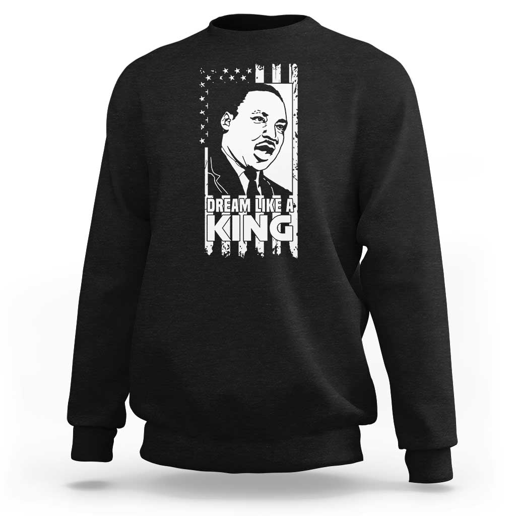 Black MLK graphic sweatshirt with Martin Luther King portrait and flag text print